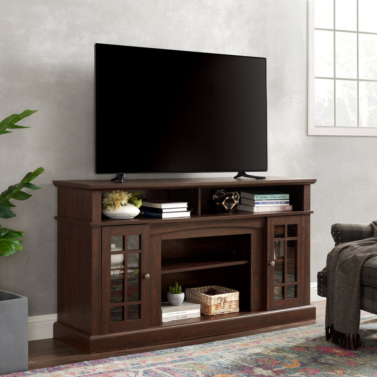 Espresso finish TV media console from Signature Collection by Anthony & Home, with storage compartments and sleek modern design.
