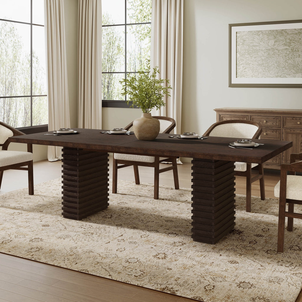 Anthony & Home Espresso solid wood dining table, 95-inch Atelier style, showcasing its sleek rectangular surface and sturdy legs.