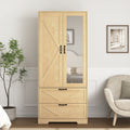 Anthony & Home natural veneer wardrobe with built-in light, mirror, two doors, hanging rod, and two drawers.