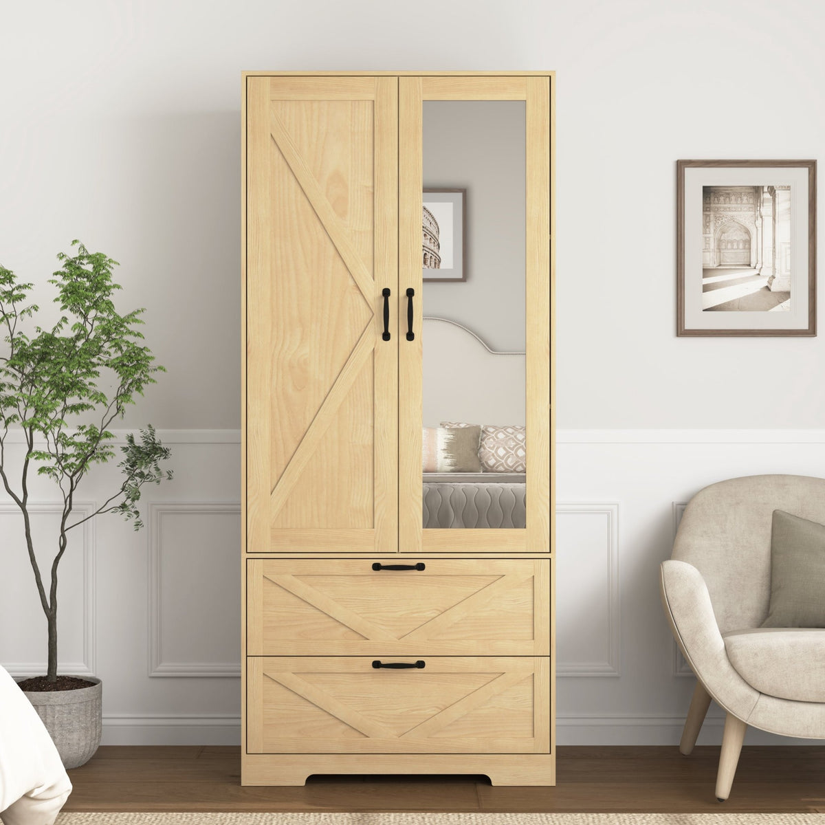 Anthony & Home natural veneer wardrobe with built-in light, mirror, two doors, hanging rod, and two drawers.