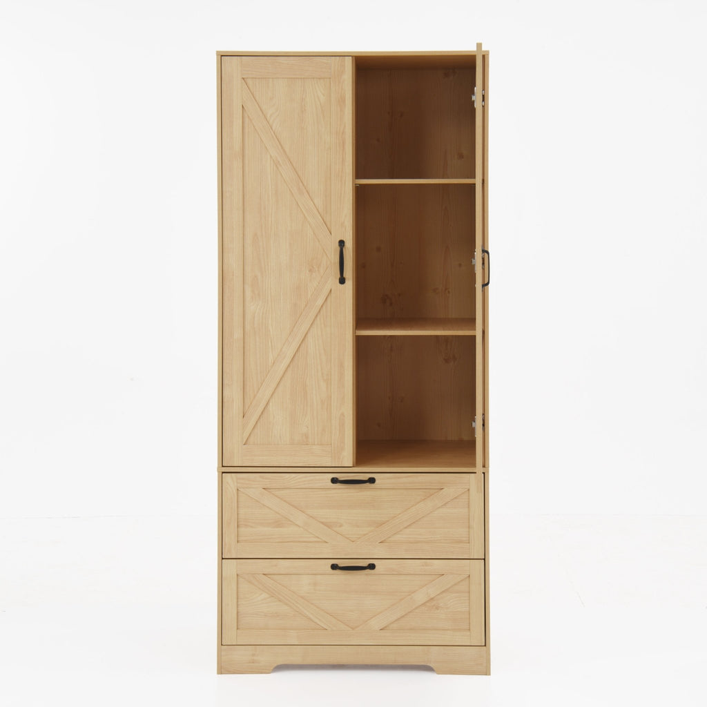 Anthony & Home natural veneer wardrobe with built-in light, mirror, two doors, hanging rod, and two drawers for storage.
