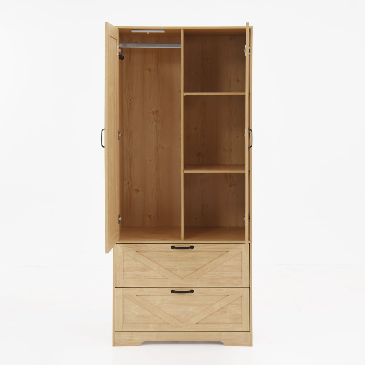 Anthony & Home natural veneer wardrobe with built-in light, mirror, two doors, hanging rod, and two drawers in a modern bedroom setting