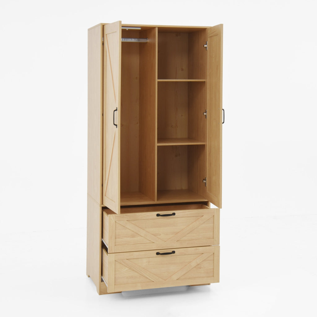 Anthony & Home natural veneer wardrobe with built-in light, mirror, two doors, hanging rod, and two drawers in a modern bedroom setting.
