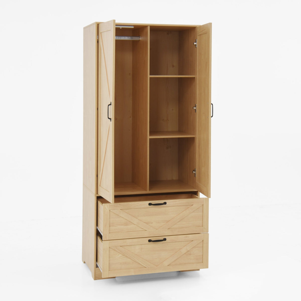 Anthony & Home natural veneer wardrobe with built-in light, mirror, two doors, hanging rod, and two drawers in a modern bedroom setting.