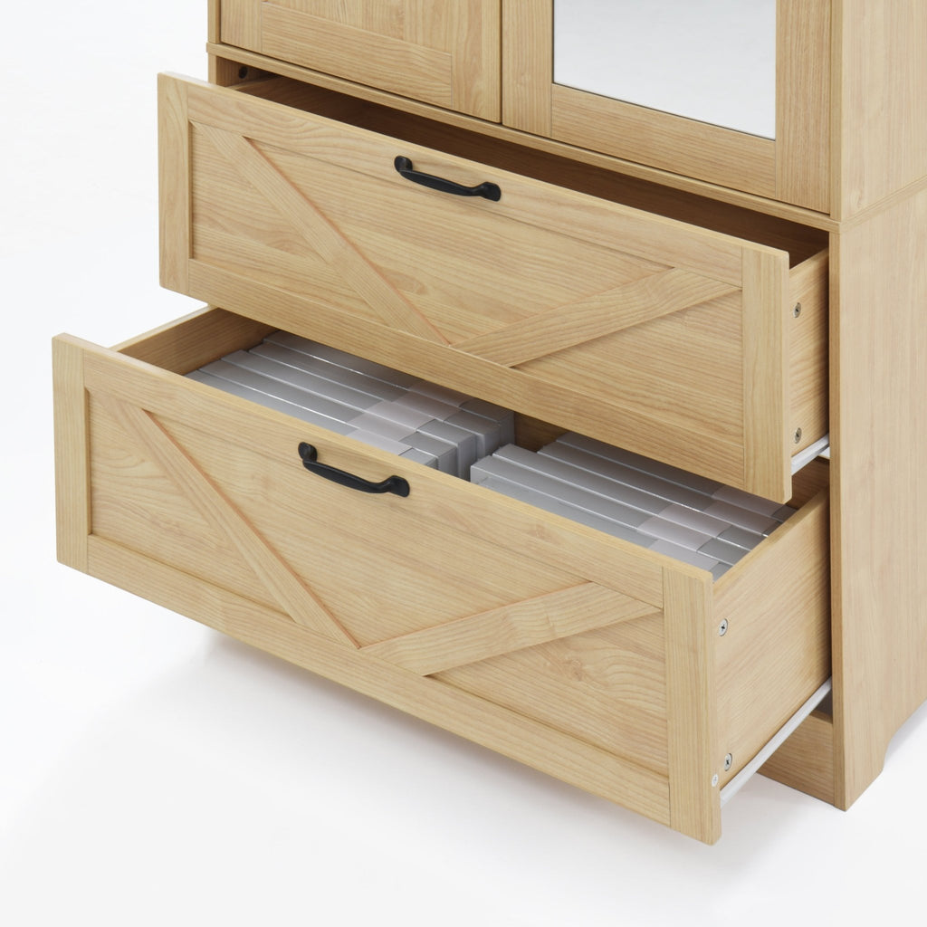 Anthony & Home natural veneer wardrobe with built-in light, mirror, two doors, hanging rod, and two drawers.