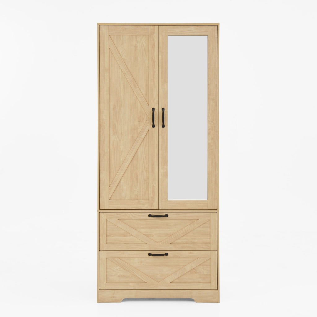 Anthony & Home natural veneer wardrobe with built-in light, mirror, two doors, hanging rod, and two drawers.