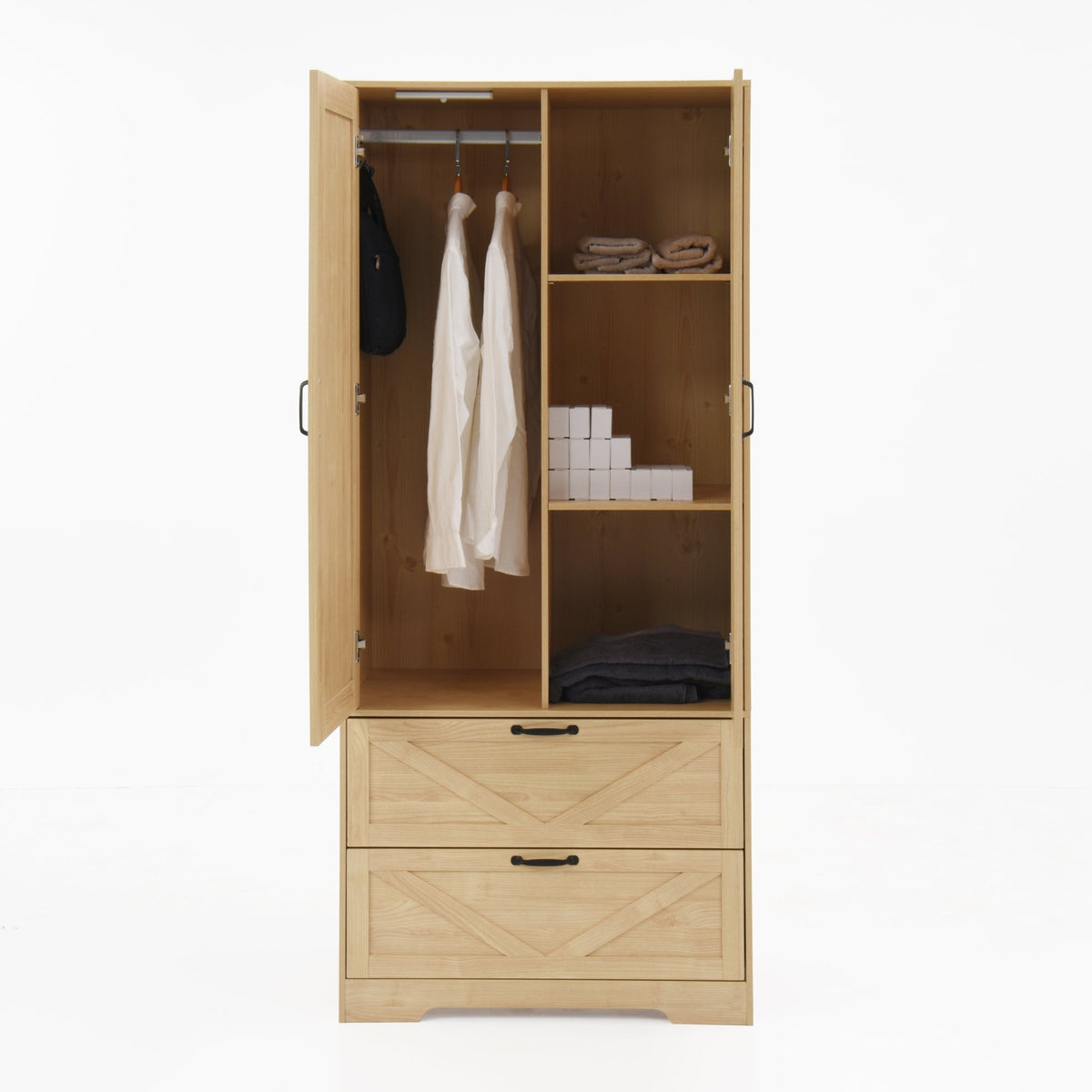 Anthony & Home natural veneer wardrobe with built-in light, mirror, two doors, hanging rod, and two drawers.