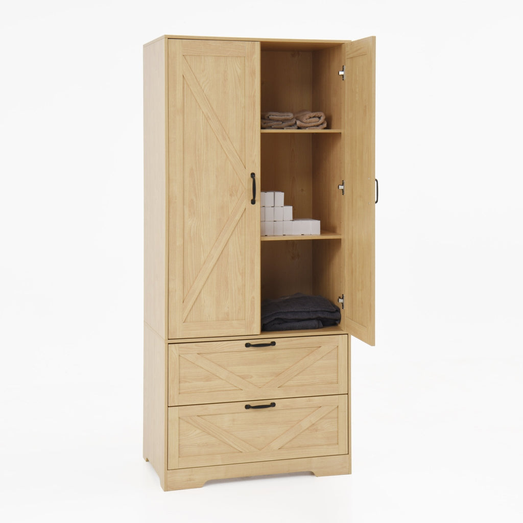 Anthony & Home natural veneer wardrobe with built-in light, mirror, two doors, hanging rod, and two drawers for stylish storage.