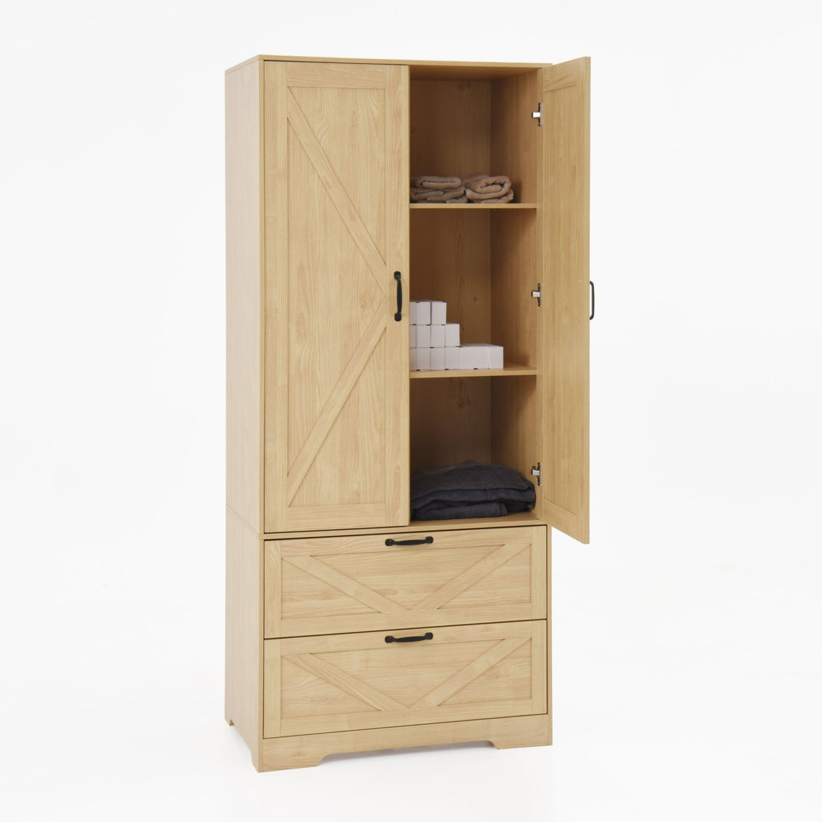 Anthony & Home natural veneer wardrobe with built-in light, mirror, two doors, hanging rod, and two drawers for stylish storage.