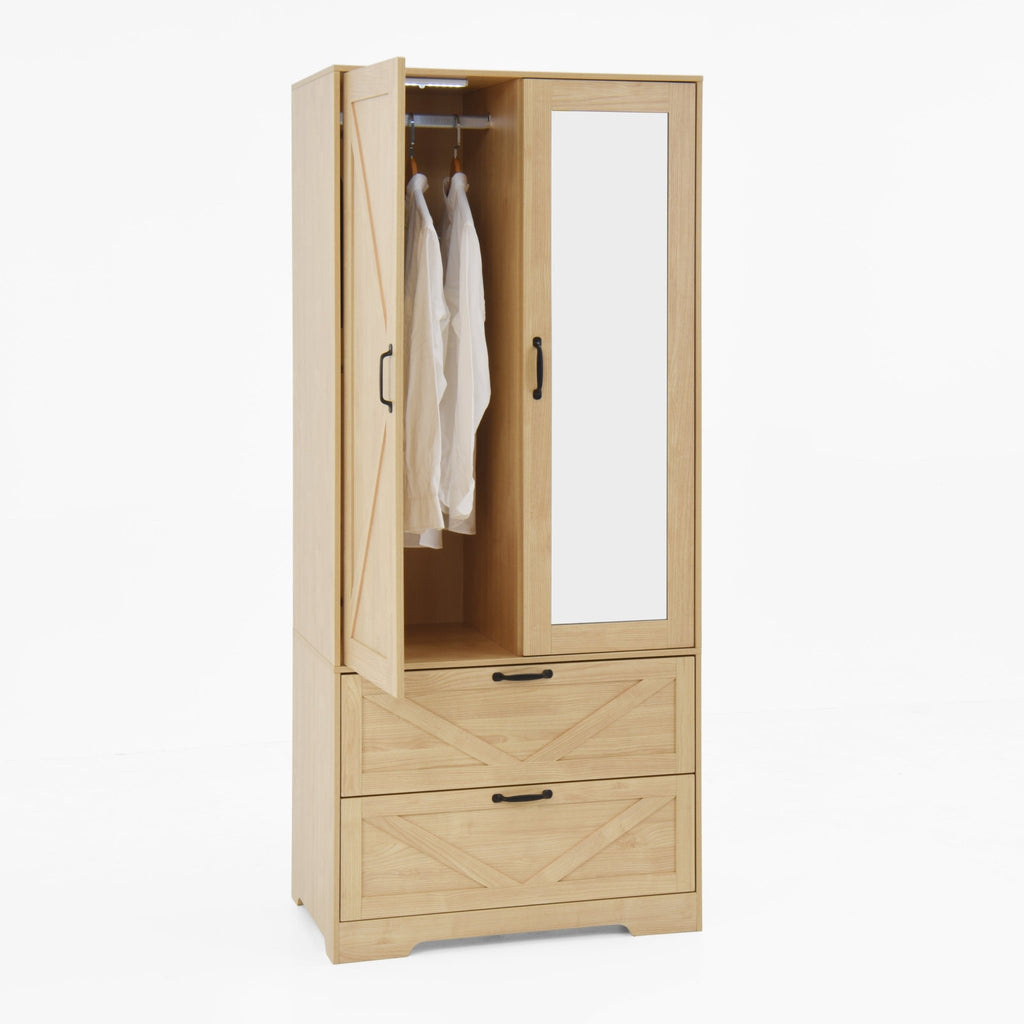 Anthony & Home natural veneer wardrobe with built-in light, mirror, two doors, hanging rod, and two drawers.