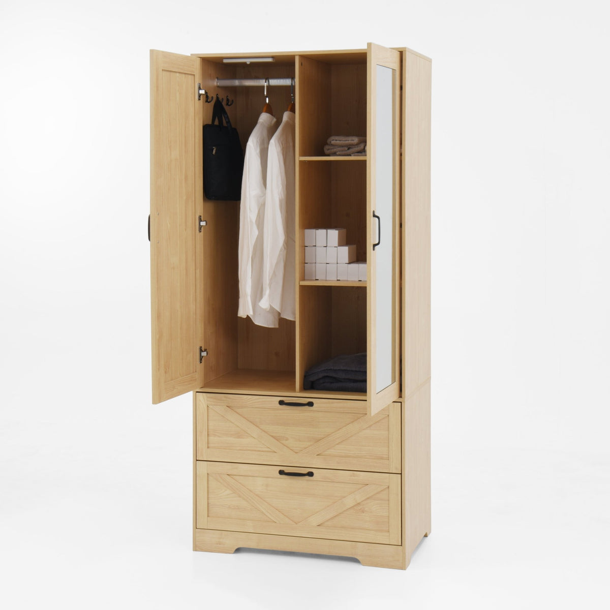 Anthony & Home natural veneer wardrobe with two doors, built-in light, mirror, hanging rod, and two drawers.