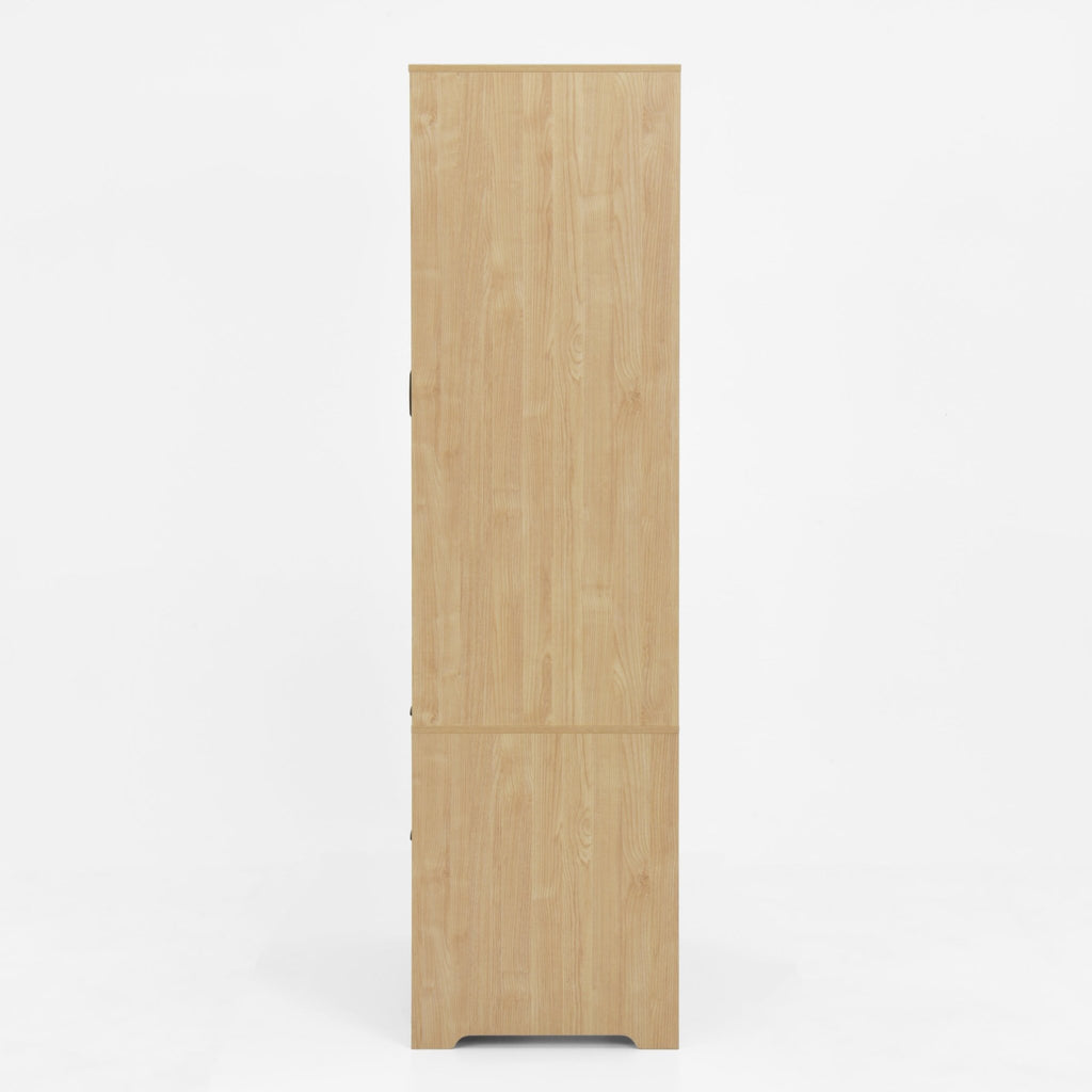 Anthony & Home natural veneer wardrobe with built-in light, mirror, two doors, hanging rod, and two drawers.