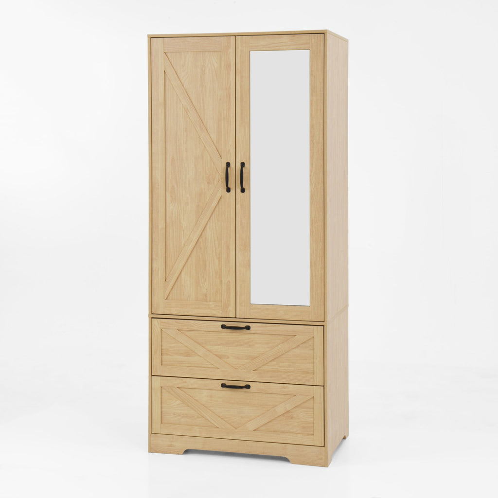 Anthony & Home natural veneer wardrobe with built-in light, mirror, two doors, hanging rod, and two drawers.