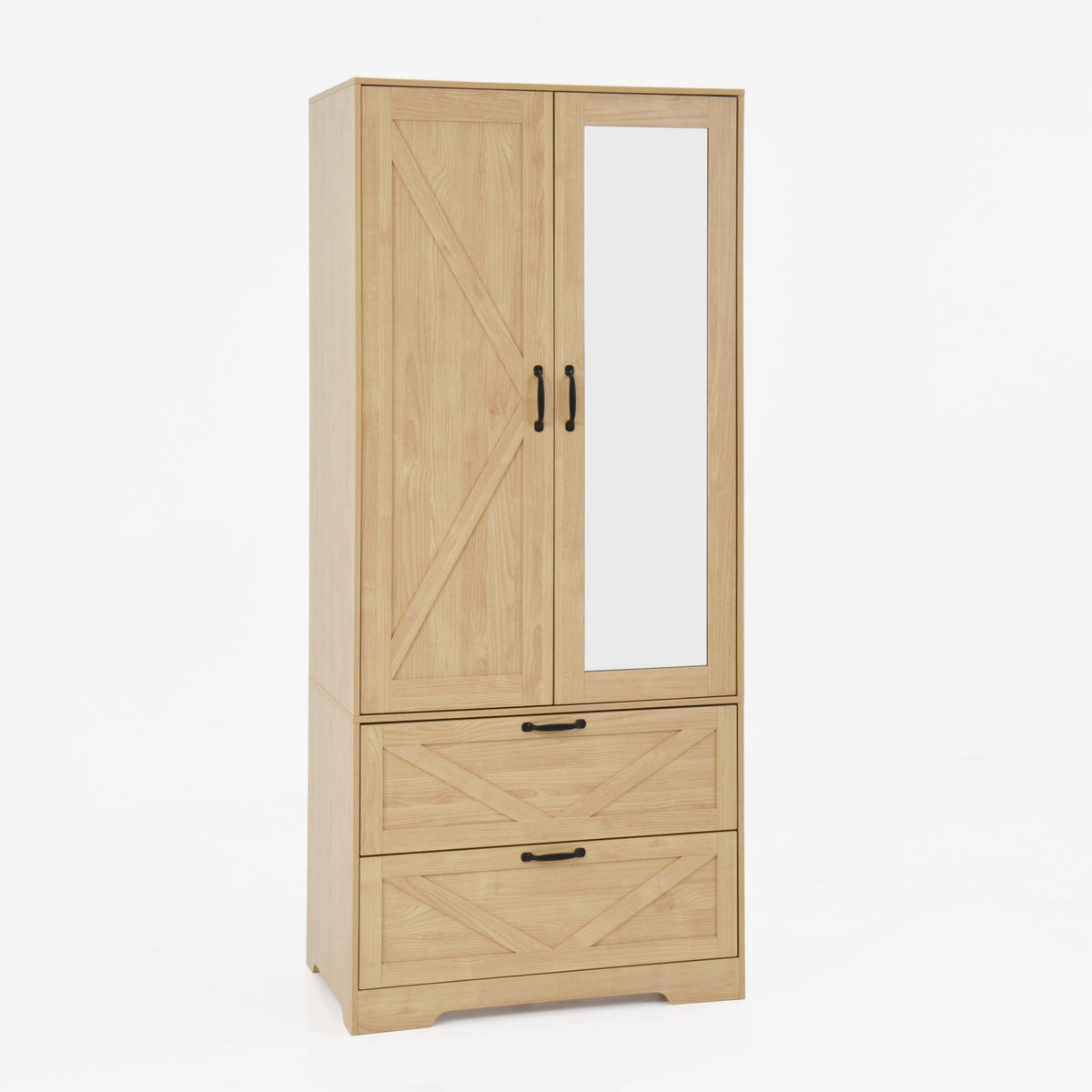 Anthony & Home natural veneer wardrobe with built-in light, mirror, two doors, hanging rod, and two drawers.