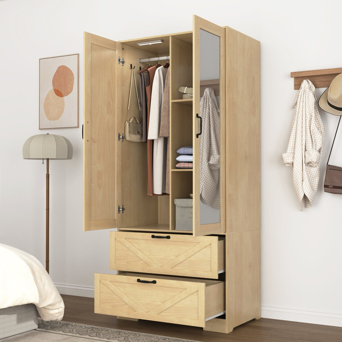 Anthony & Home natural veneer wardrobe with built-in light, mirror, two doors, hanging rod, and two drawers.