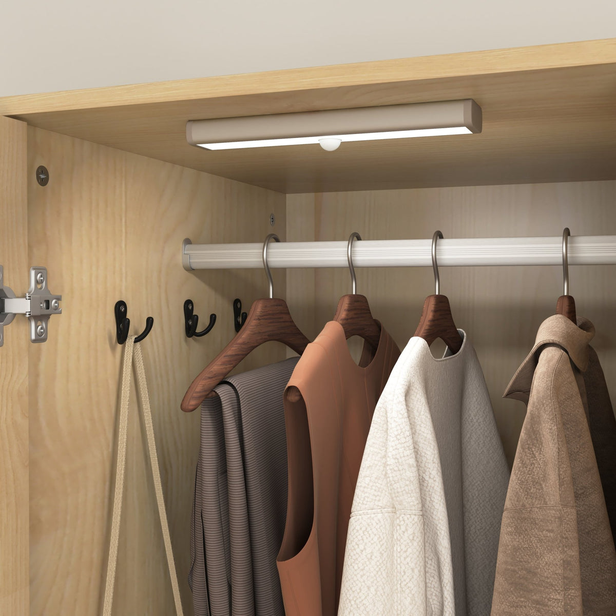 Anthony & Home natural veneer wardrobe with built-in light, mirror, two doors, hanging rod, and two drawers.