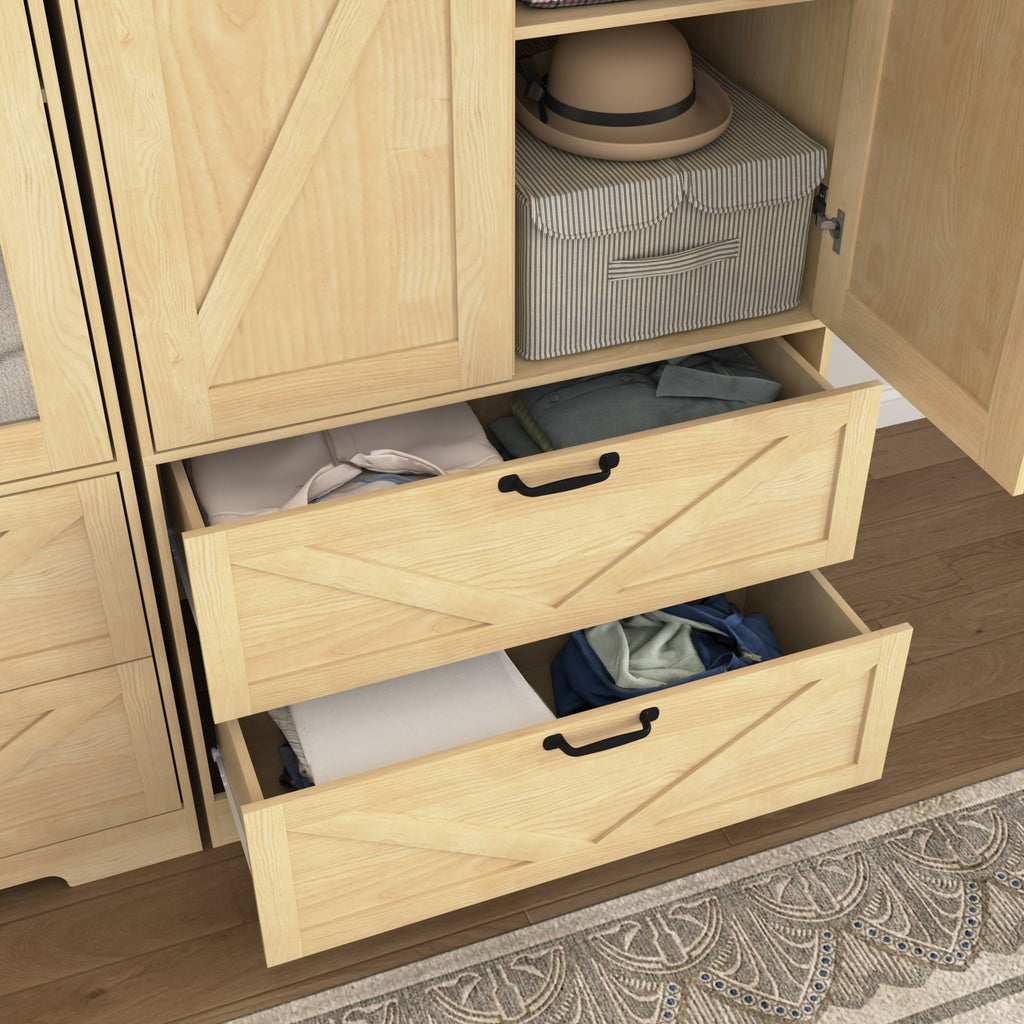 Anthony & Home natural veneer wardrobe with built-in light, mirror, two doors, hanging rod, and two drawers.