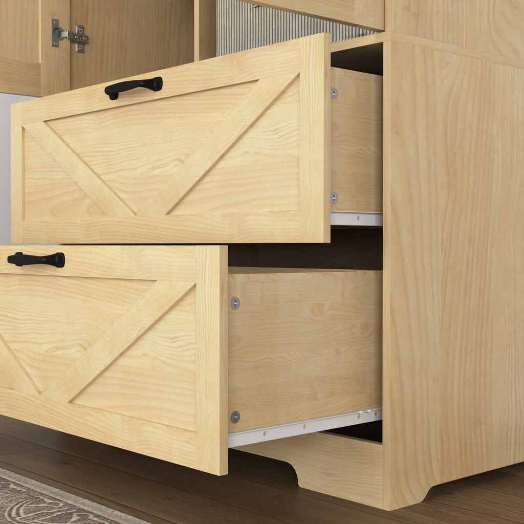 Natural veneer wardrobe with built-in light, mirror, two doors, hanging rod, and two drawers by Anthony & Home.
