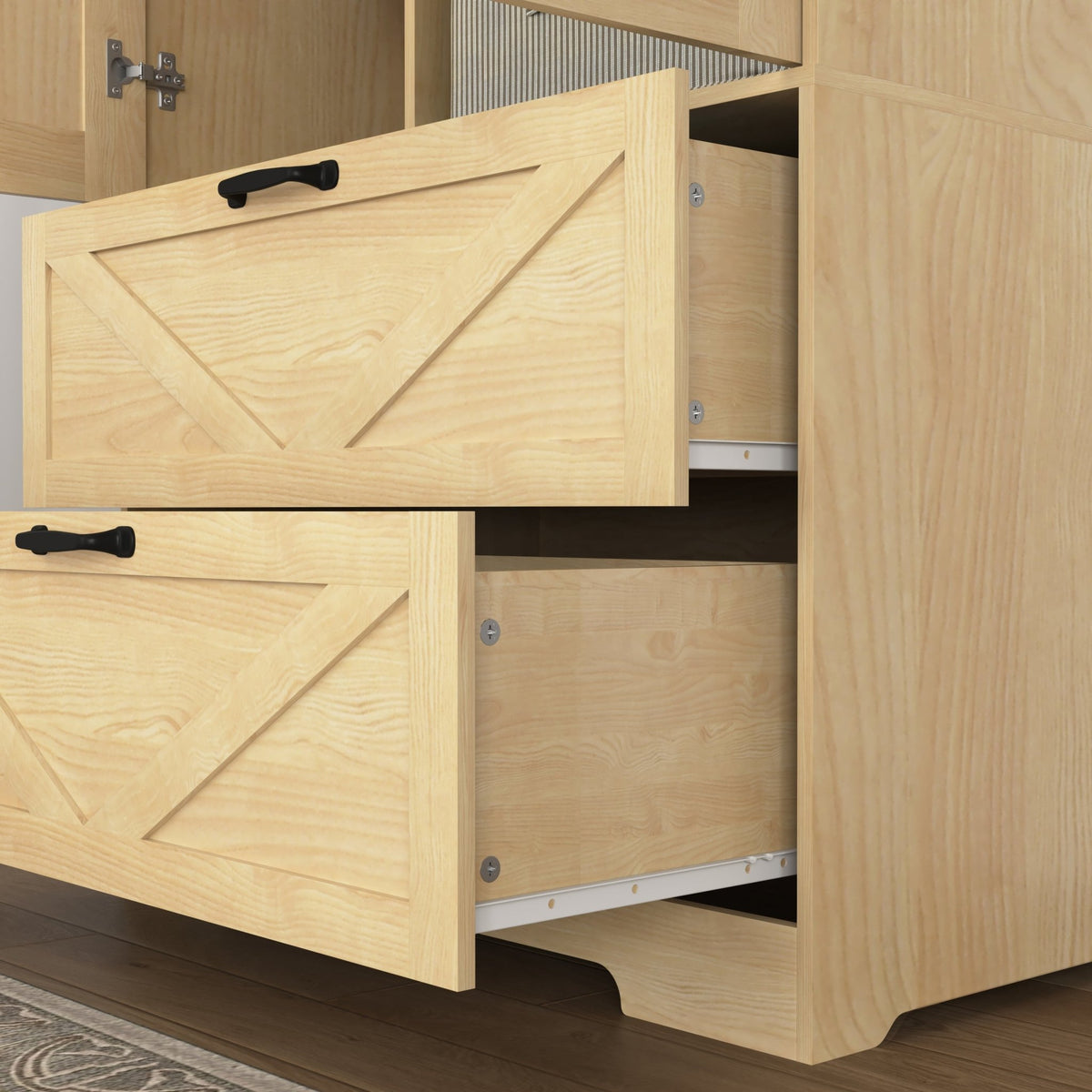 Natural veneer wardrobe with built-in light, mirror, two doors, hanging rod, and two drawers by Anthony & Home.