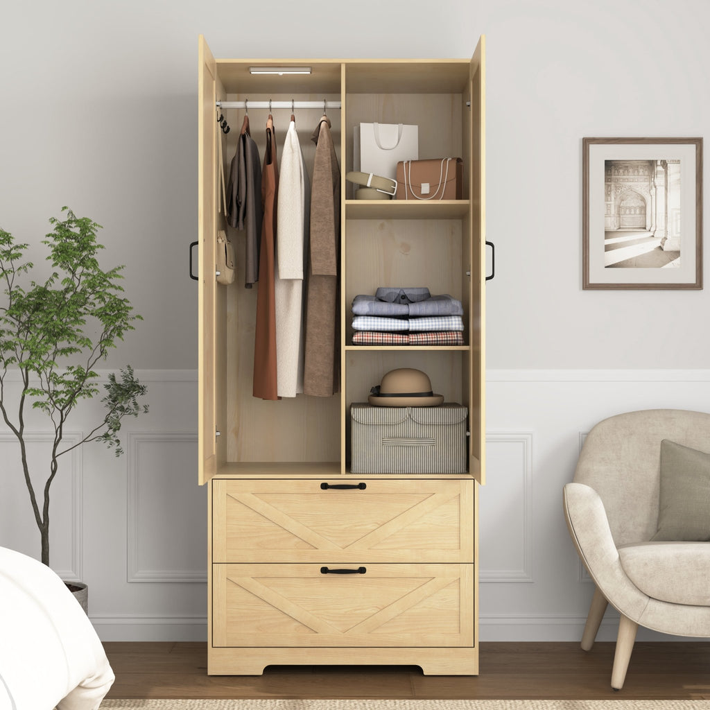 Anthony & Home natural veneer wardrobe with built-in light, mirror, two doors, hanging rod, and two drawers.