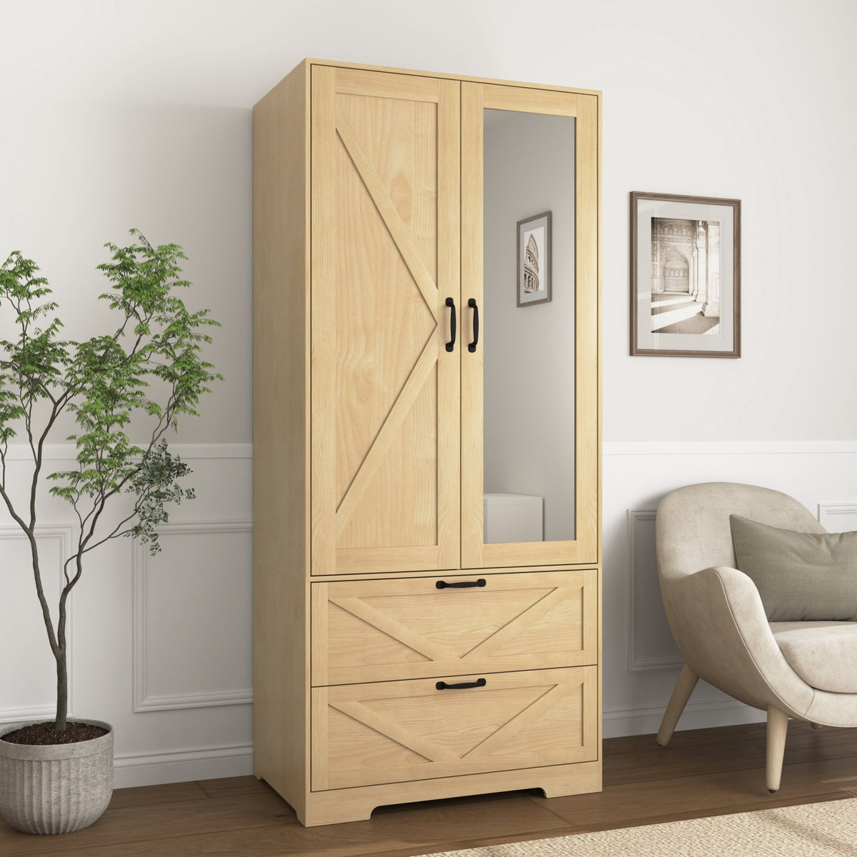 Anthony & Home natural veneer wardrobe with built-in light, mirror, two doors, hanging rod, and two drawers.