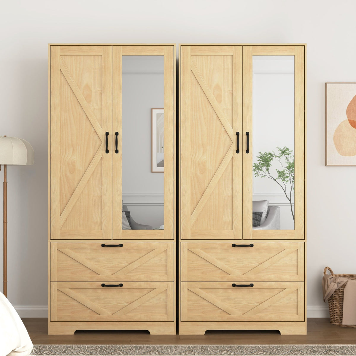 Anthony & Home natural veneer wardrobe with built-in light, mirror, two doors, hanging rod, and two drawers.