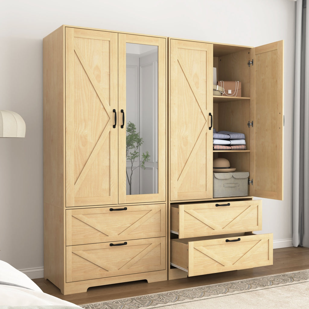 Anthony & Home natural veneer wardrobe with built-in light, mirror, two doors, hanging rod, and two drawers.