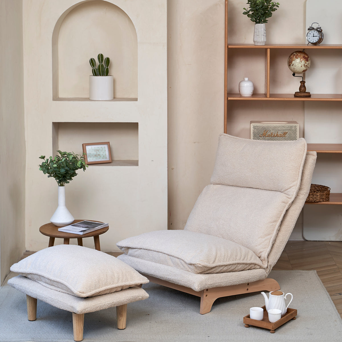 Beige Anthony & Home reclining foldable metal frame single sofa chair with cotton cushions, showing its comfortable design and sturdy structure.