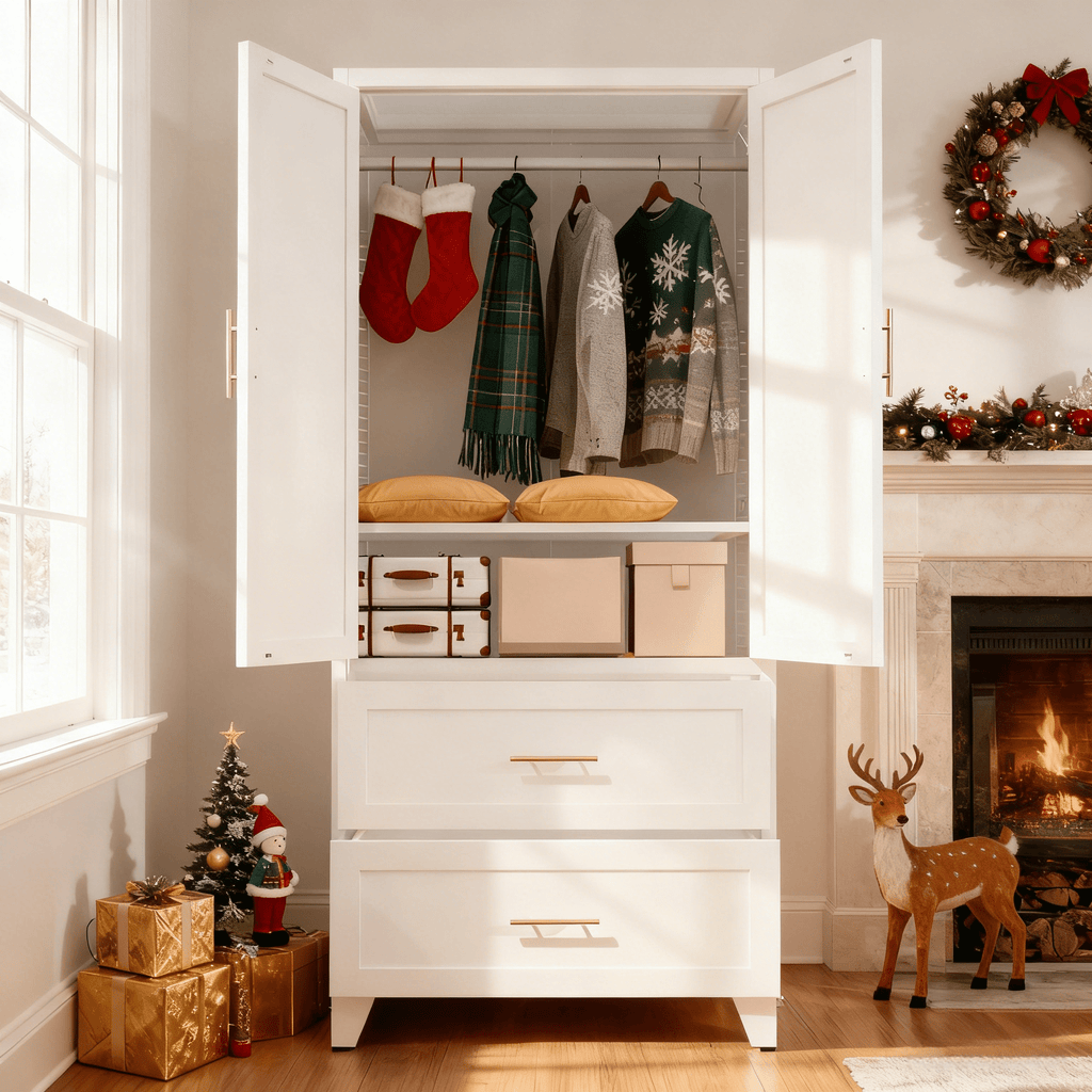 White Anthony & Home premium steel wardrobe cabinet with hanging rod and sleek finish, ideal for modern storage solutions.