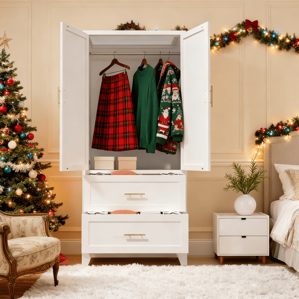 White Anthony & Home exclusive premium steel wardrobe cabinet with hanging rod and sleek finish for modern storage.