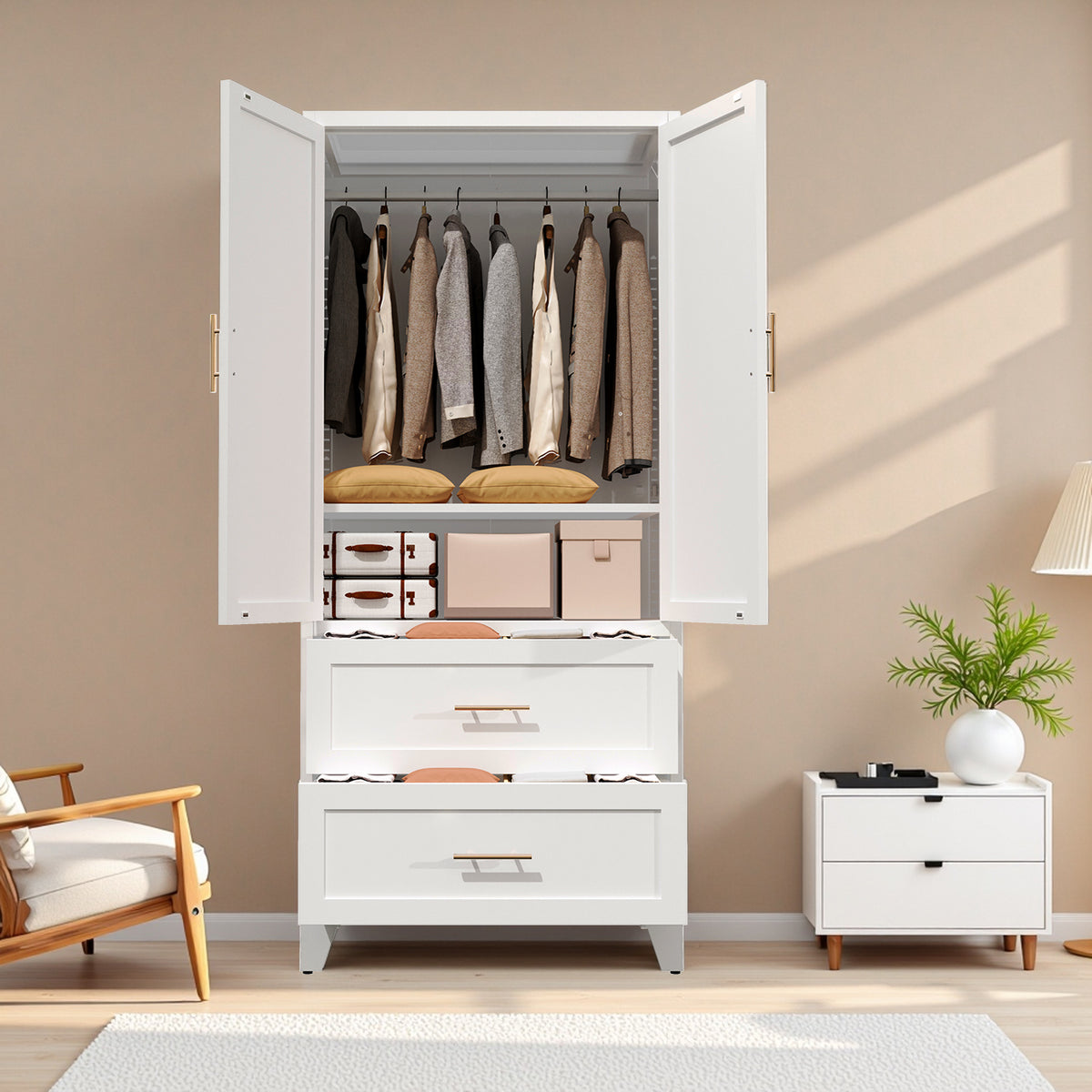 White Anthony & Home steel wardrobe cabinet with hanging rod, premium exclusive edition, featuring a sleek, modern design and sturdy construction.
