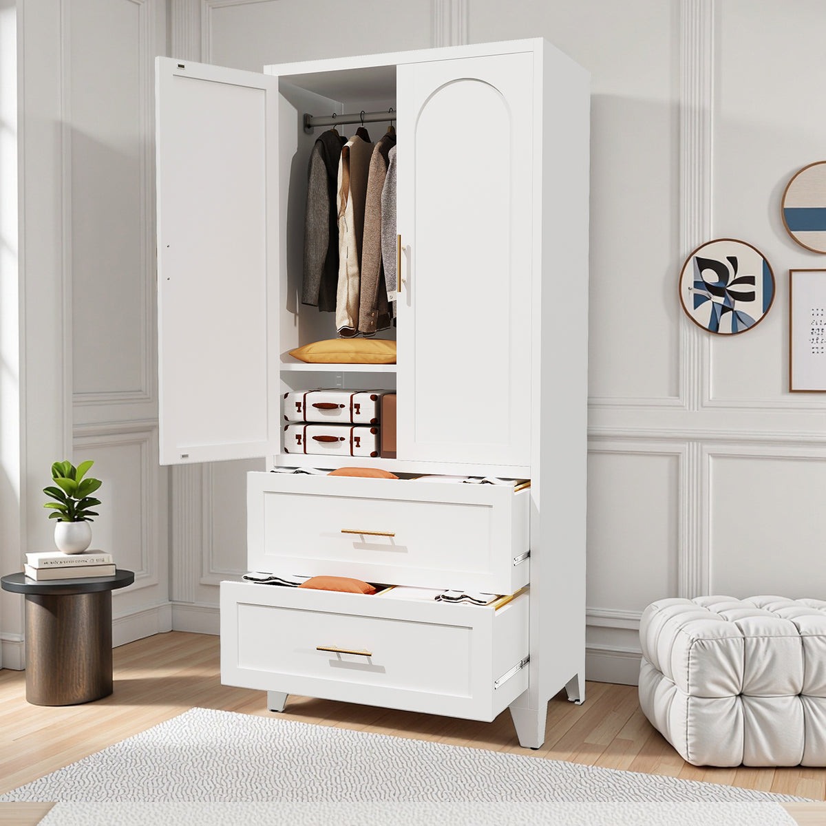 White Anthony & Home premium steel wardrobe cabinet with hanging rod, exclusive edition, sturdy and sleek storage solution