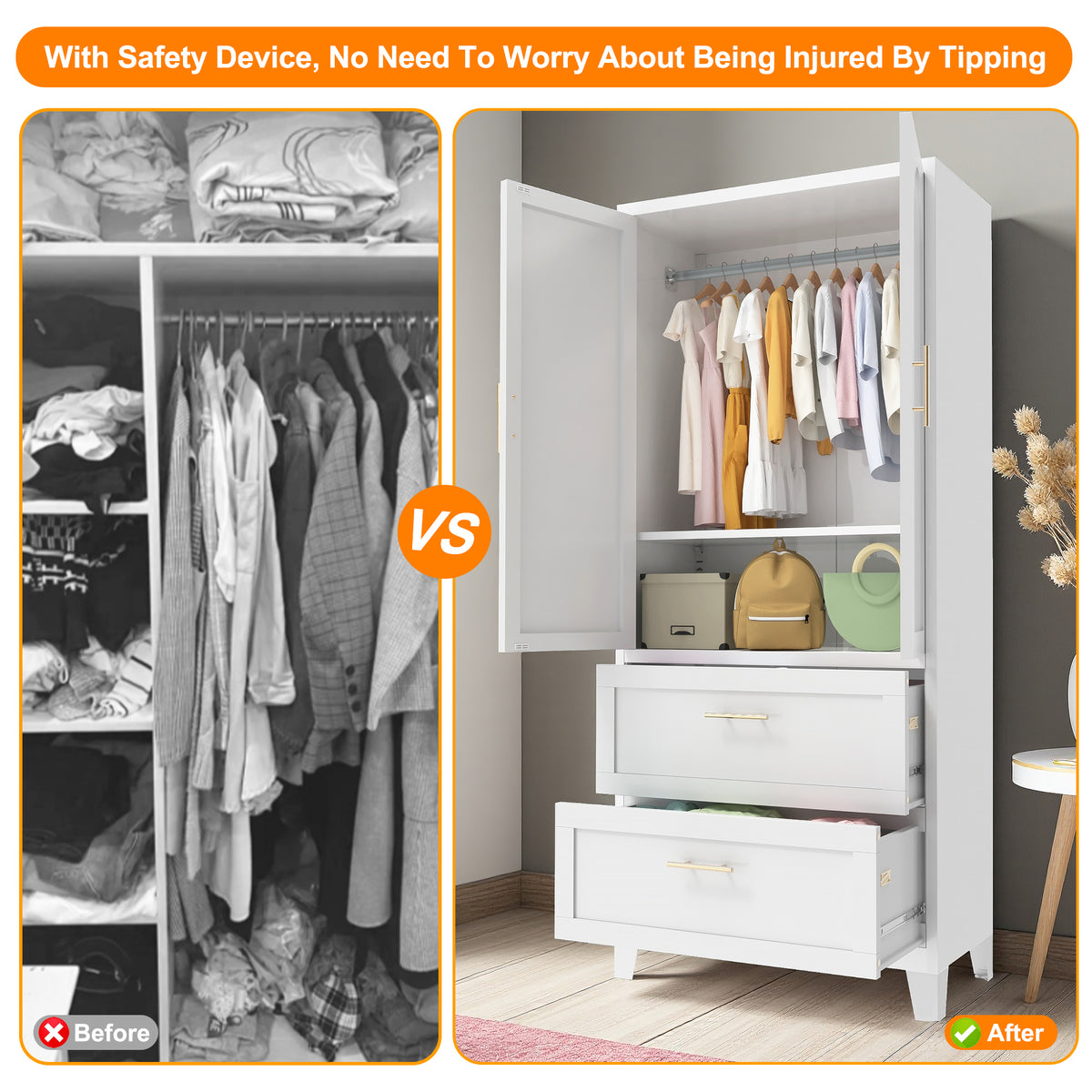 White steel wardrobe cabinet with hanging rod, exclusive edition premium storage from Anthony & Home.