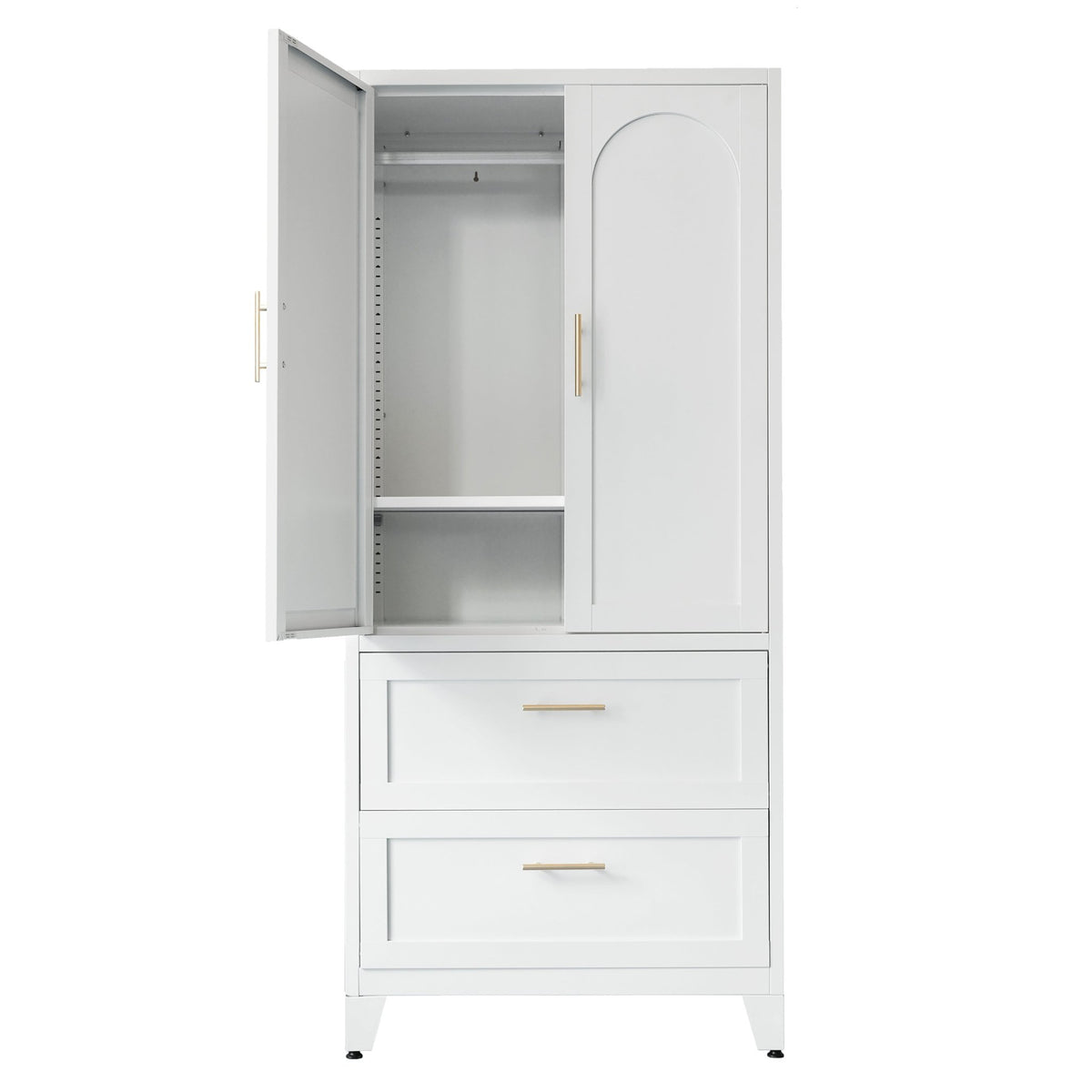 White Anthony & Home premium steel wardrobe cabinet with hanging rod, exclusive edition, featuring a sleek design and sturdy construction.