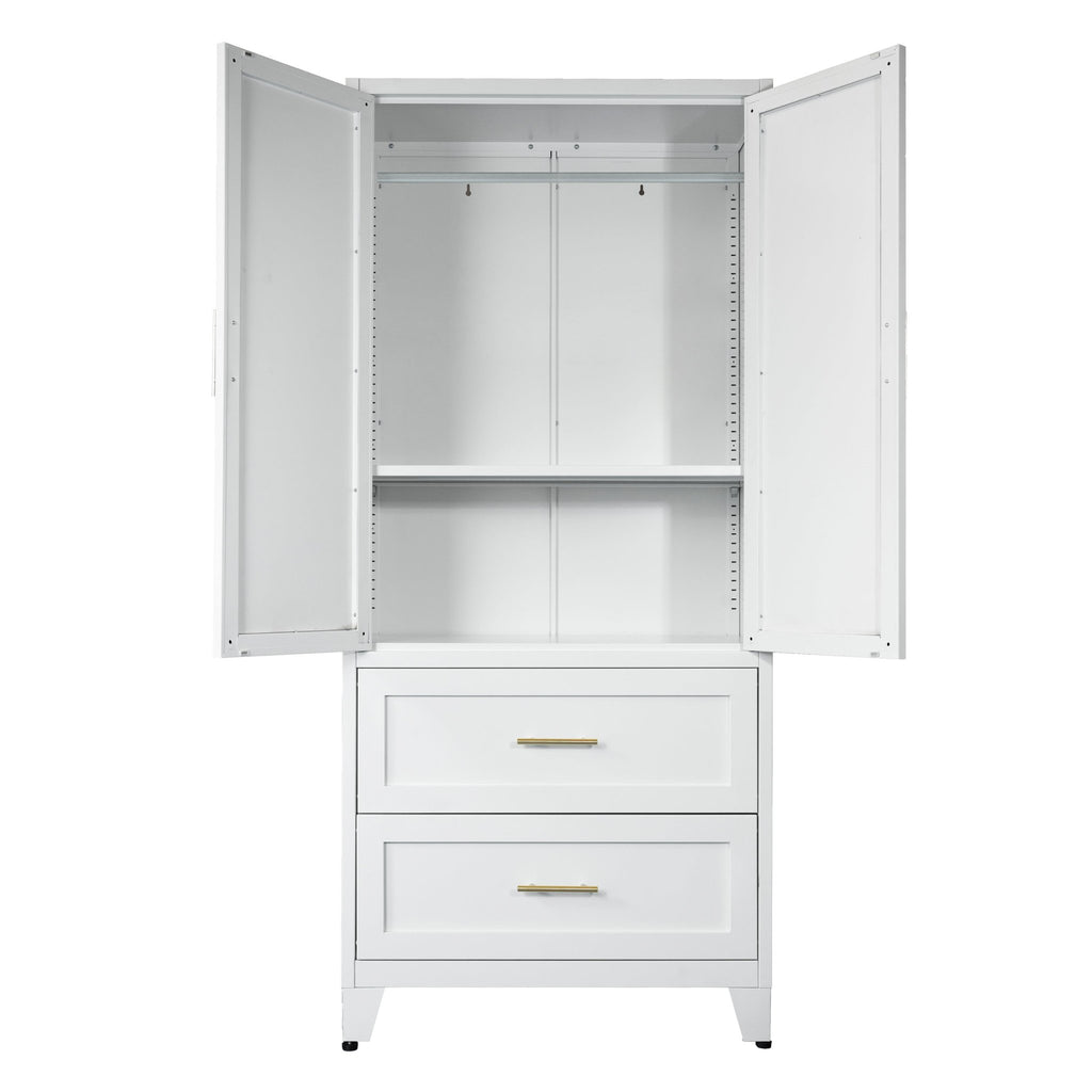 White Anthony & Home steel wardrobe cabinet with hanging rod, exclusive premium edition, featuring sleek modern design and sturdy construction.
