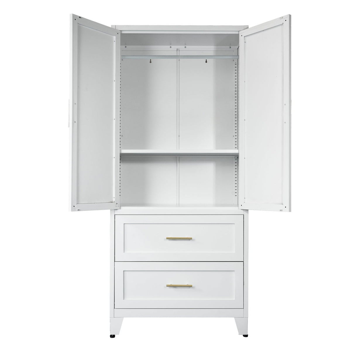 White Anthony & Home steel wardrobe cabinet with hanging rod, exclusive premium edition, featuring sleek modern design and sturdy construction.