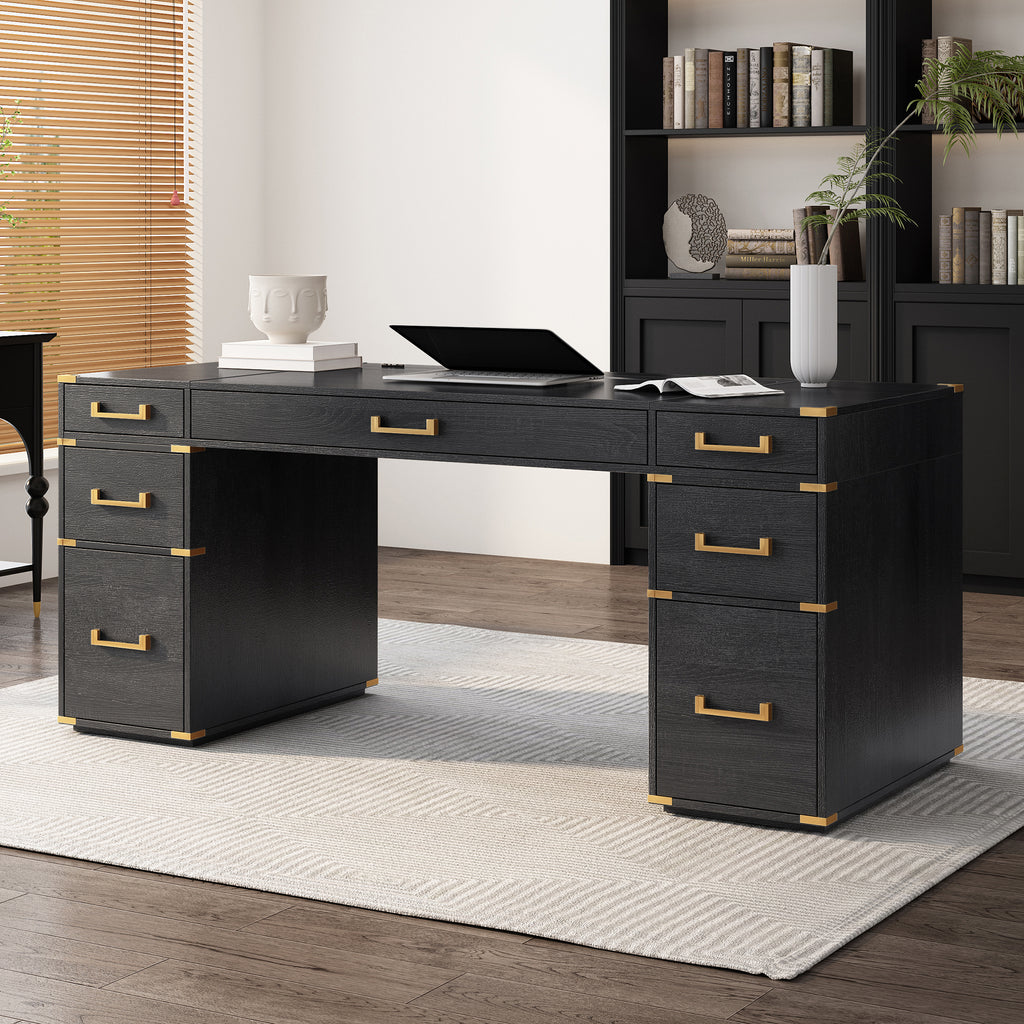Anthony & Home executive desk with signature metal edge trim, featuring a sleek wooden surface and modern design.