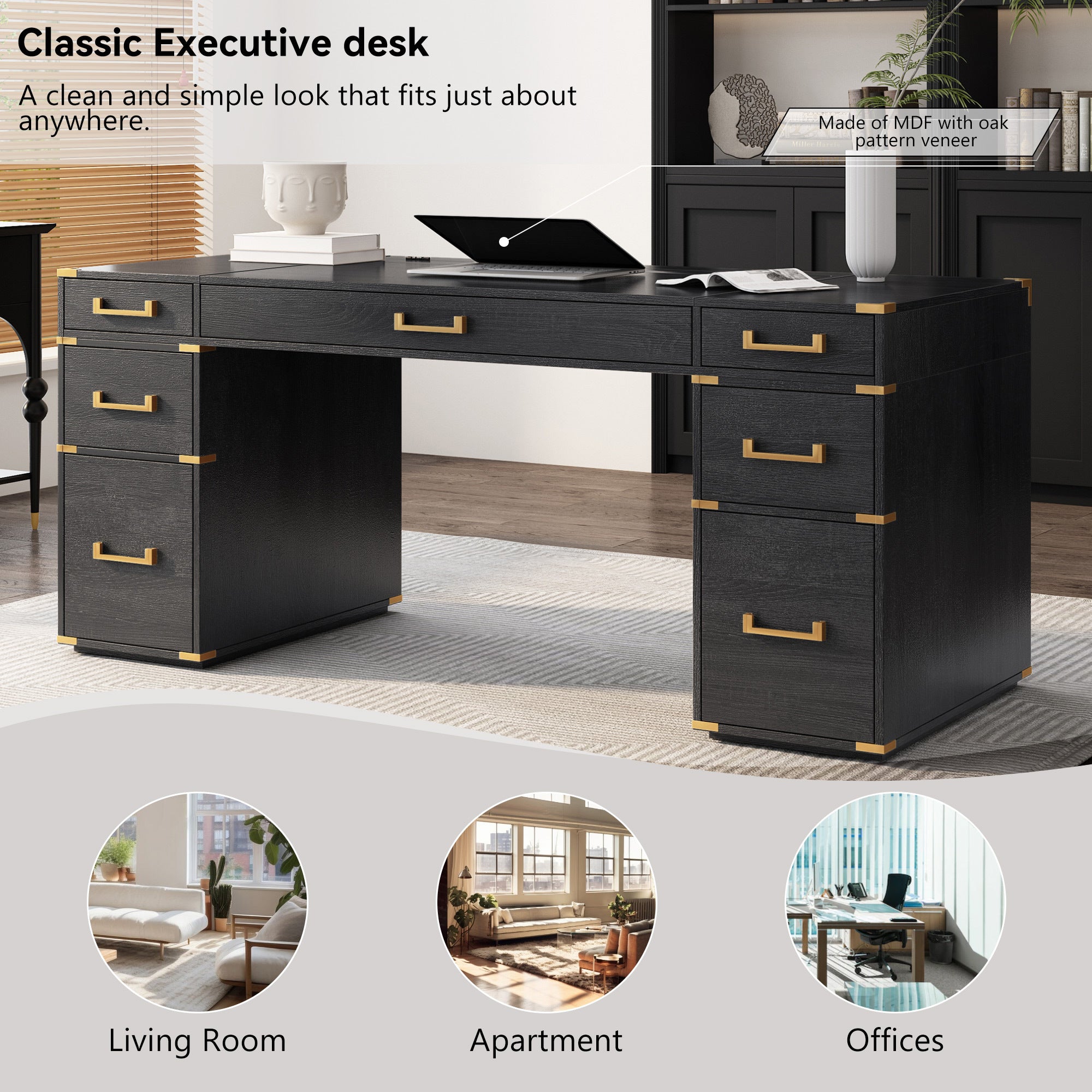 Anthony & Home Executive Desk with Signature Metal Edge Trim, showcasing a sleek wooden surface with modern metal detailing.
