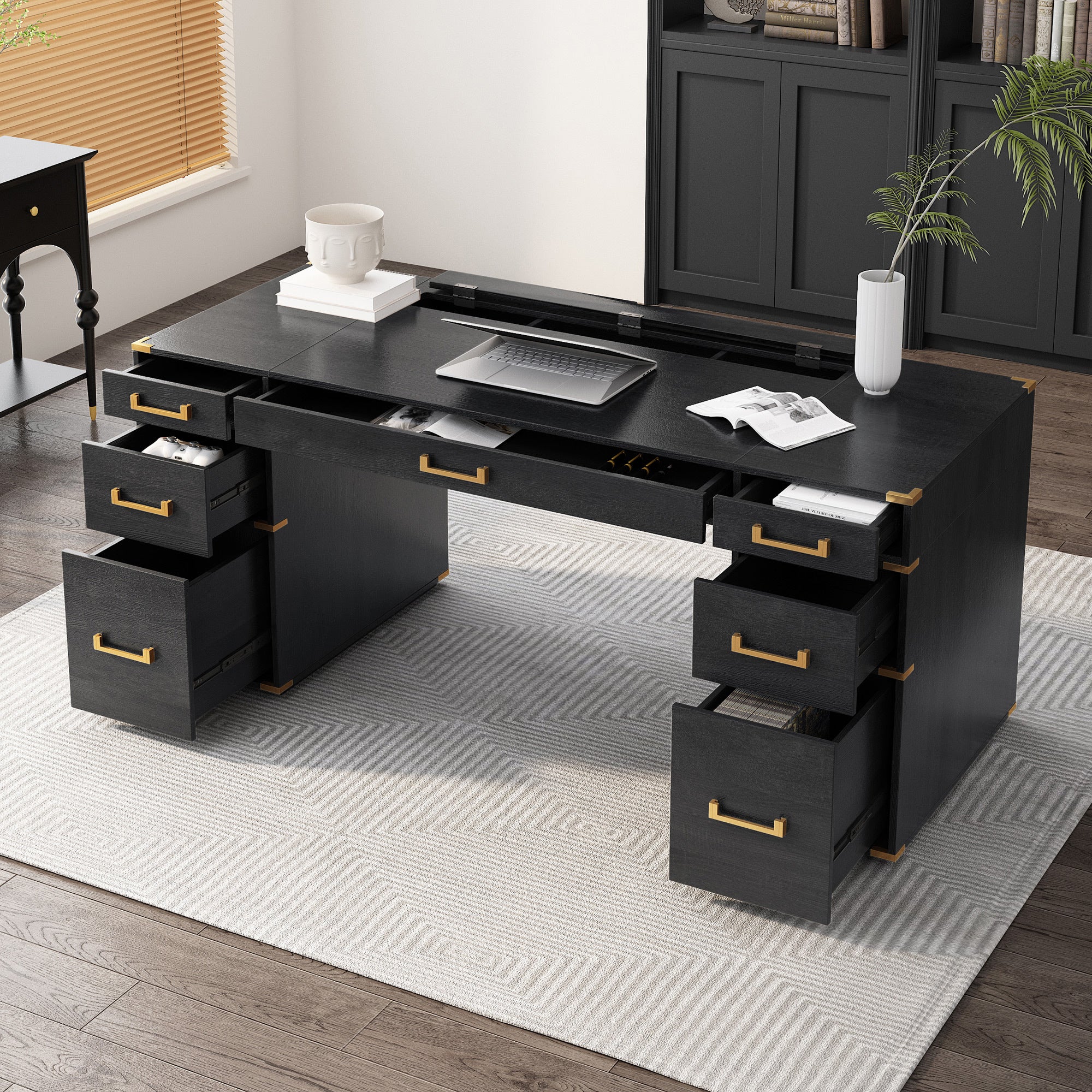Executive desk with signature metal edge trim from Anthony & Home, showing close-up of sleek metal detailing on the desk surface.