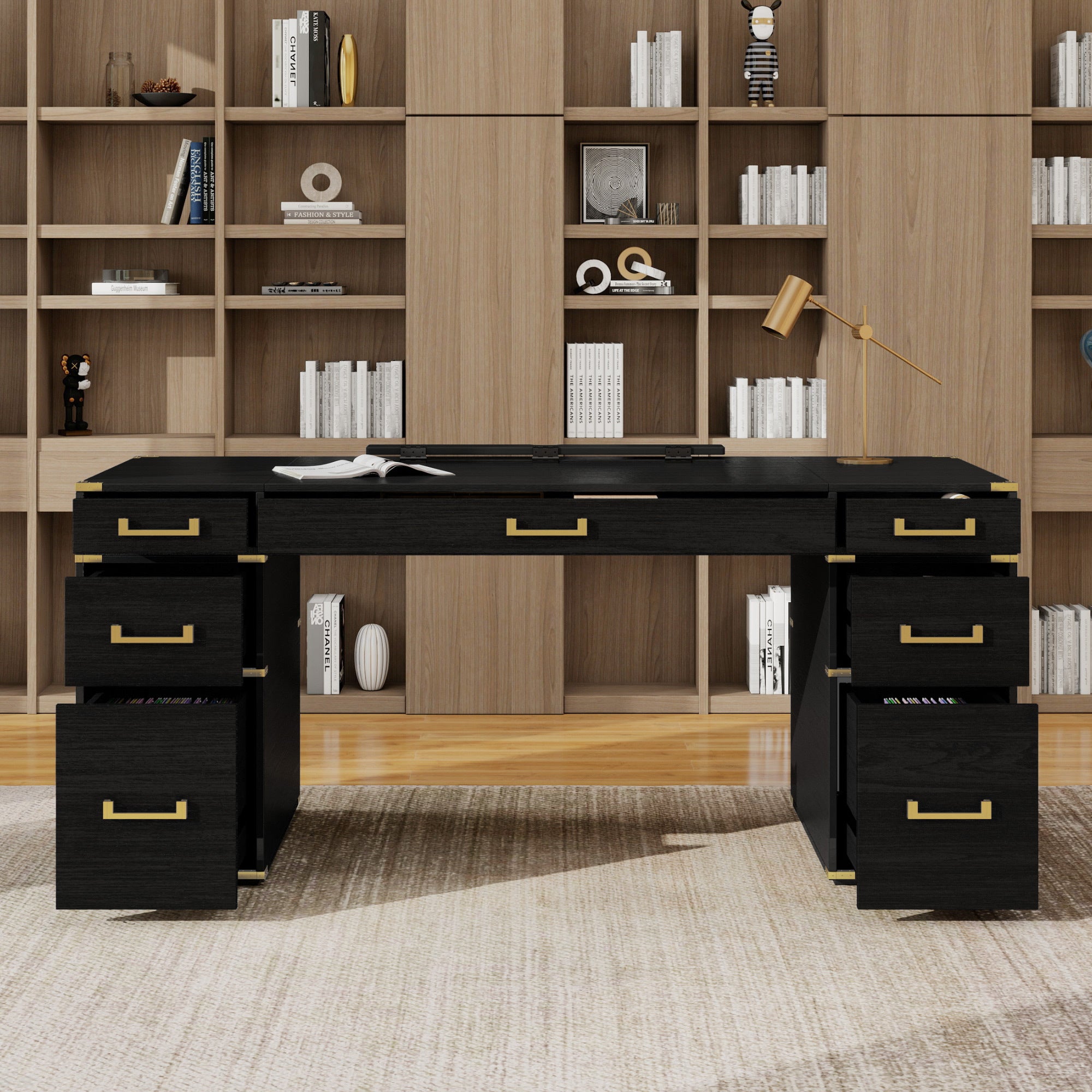 Executive desk with signature metal edge trim from Anthony & Home, showing a sleek wooden surface with polished metal accents.