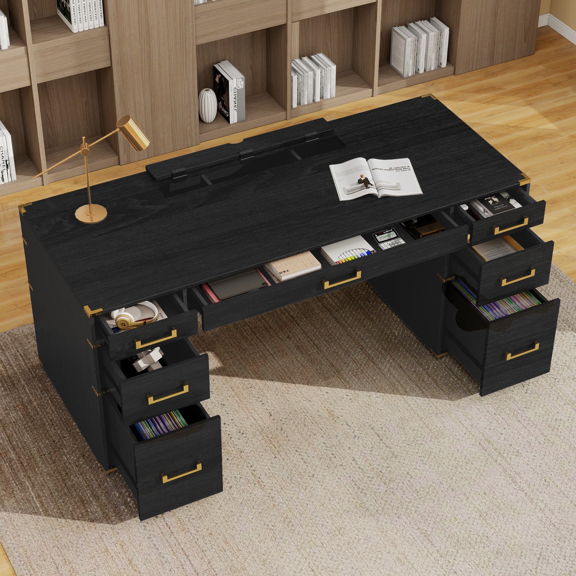 Modern executive desk with signature metal edge trim by Anthony & Home, showcasing sleek design and polished metal accents.