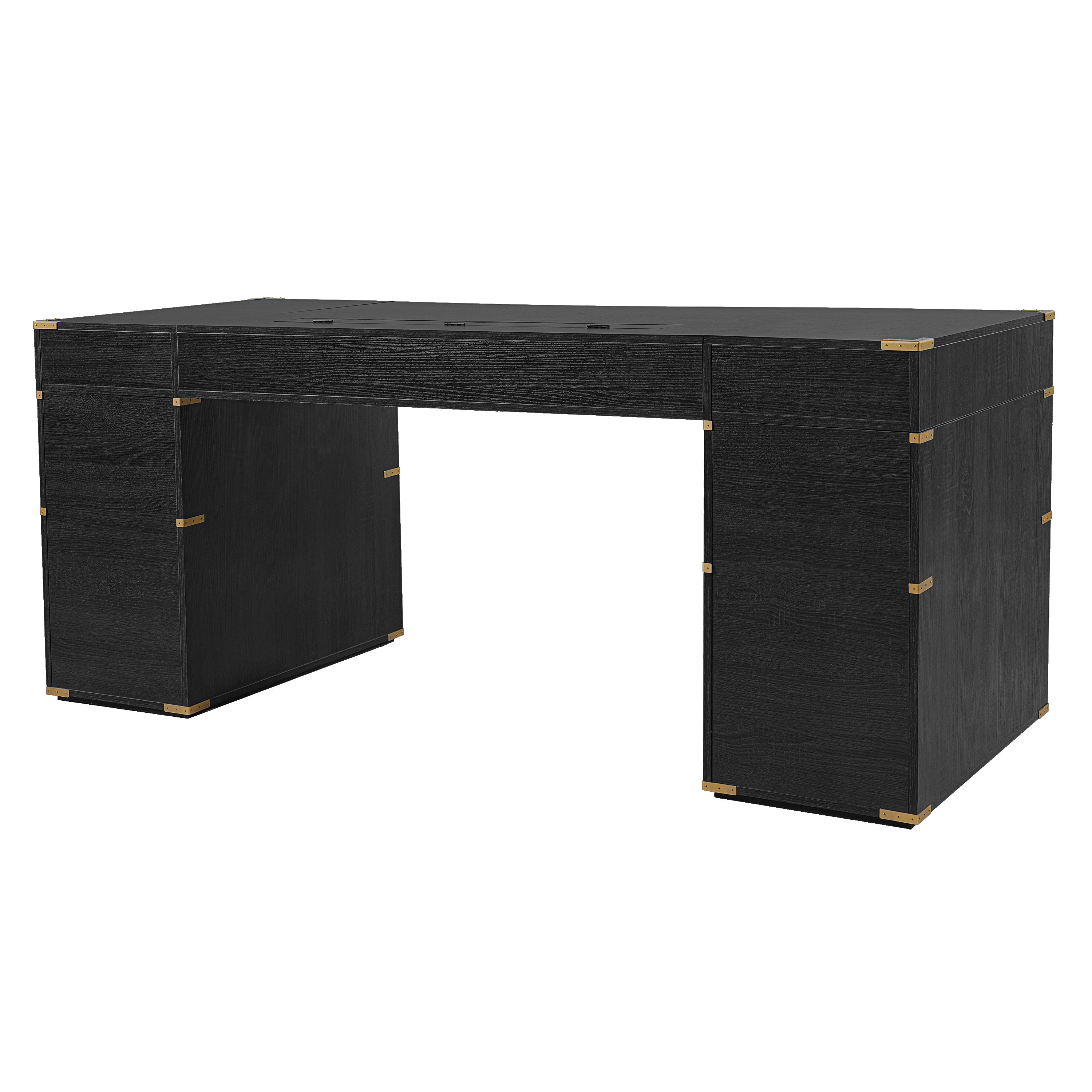Executive desk with signature metal edge trim featuring sleek design and polished finish, showcasing Anthony & Home craftsmanship.