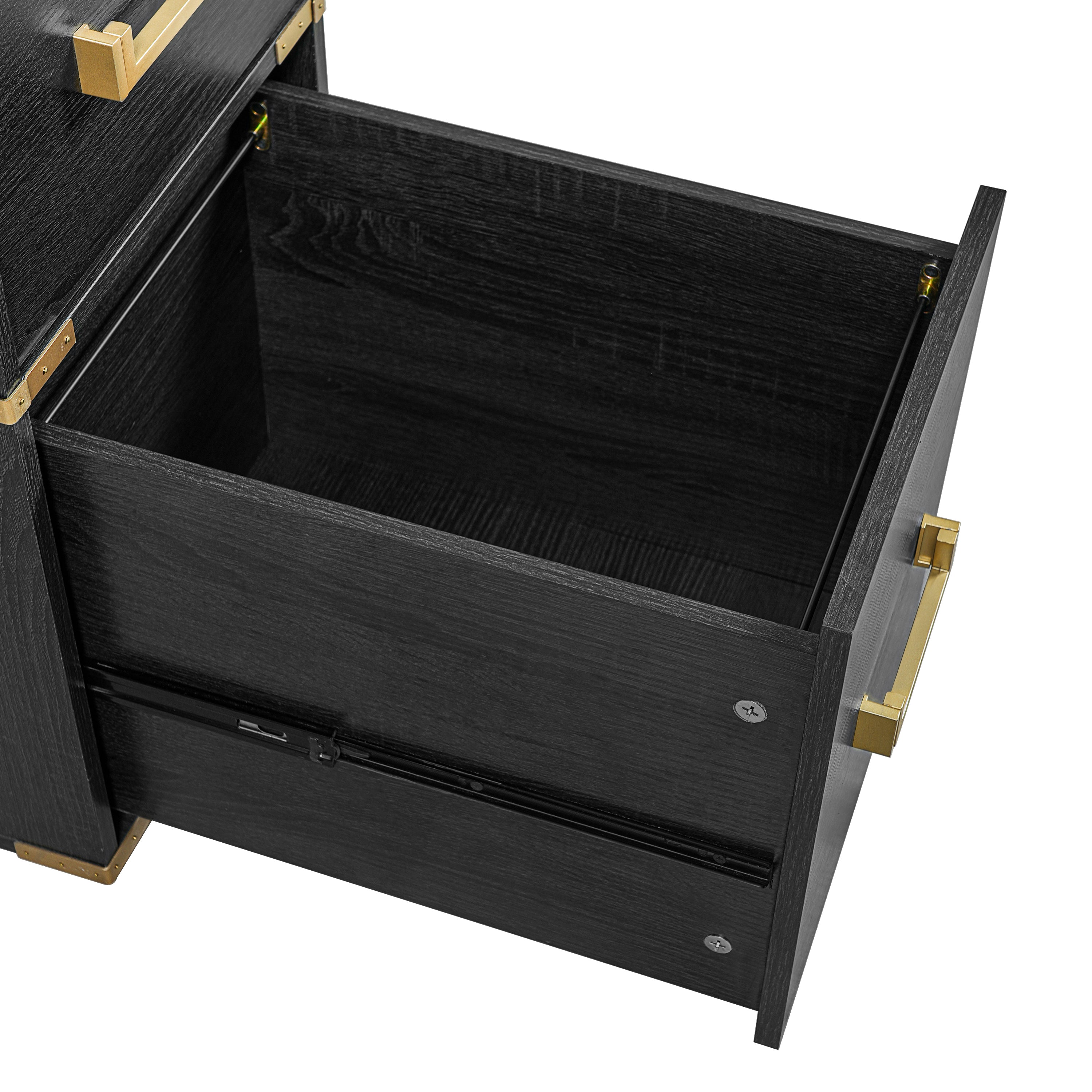 Modern executive desk with signature metal edge trim, showcasing sleek design and polished finish by Anthony & Home.