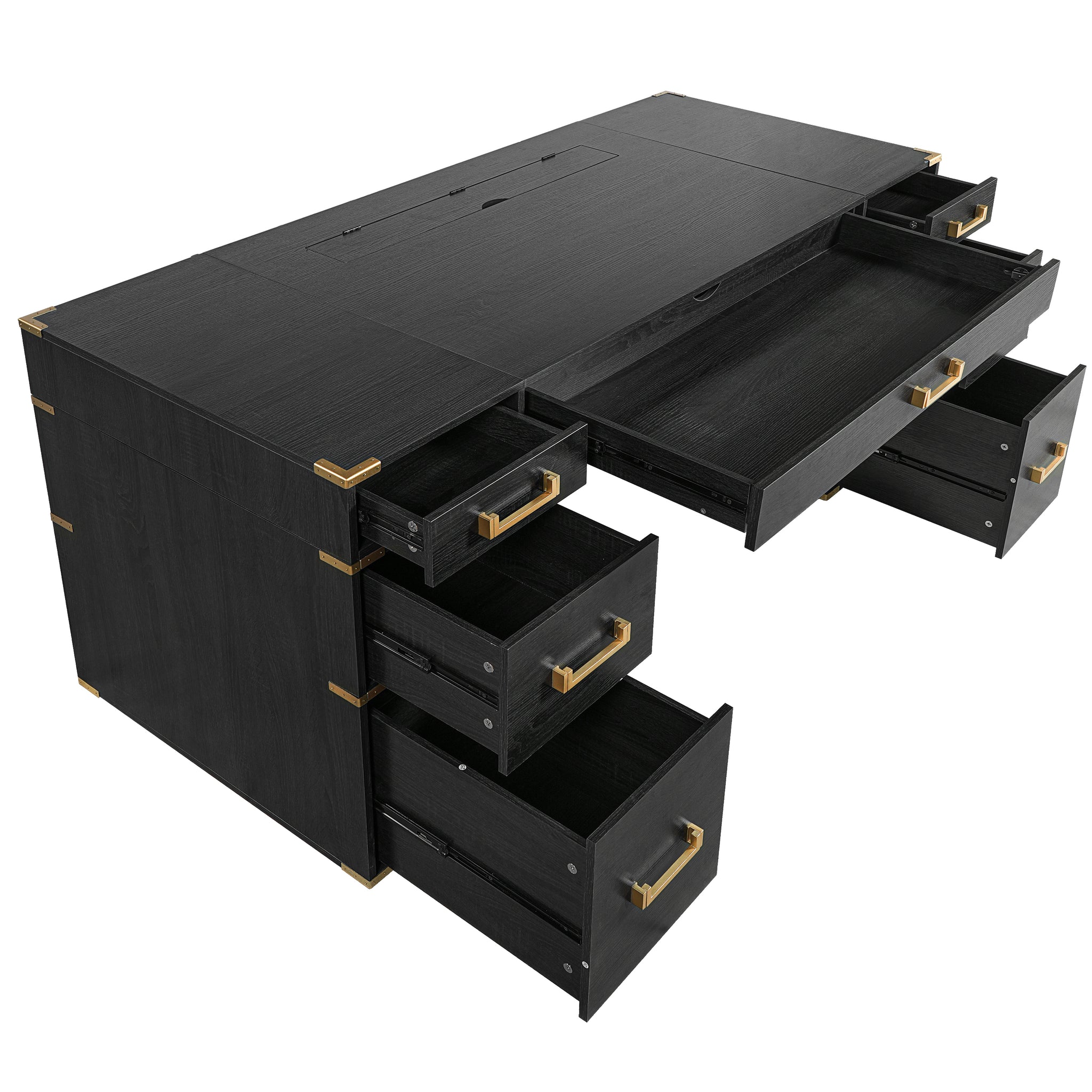 Executive desk with signature metal edge trim from Anthony & Home, showcasing sleek metal accents on a modern office desk.