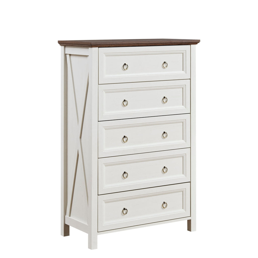 Farmhouse walnut 5-drawer dresser by Anthony & Home, showcasing rustic wood finish and elegant storage design.