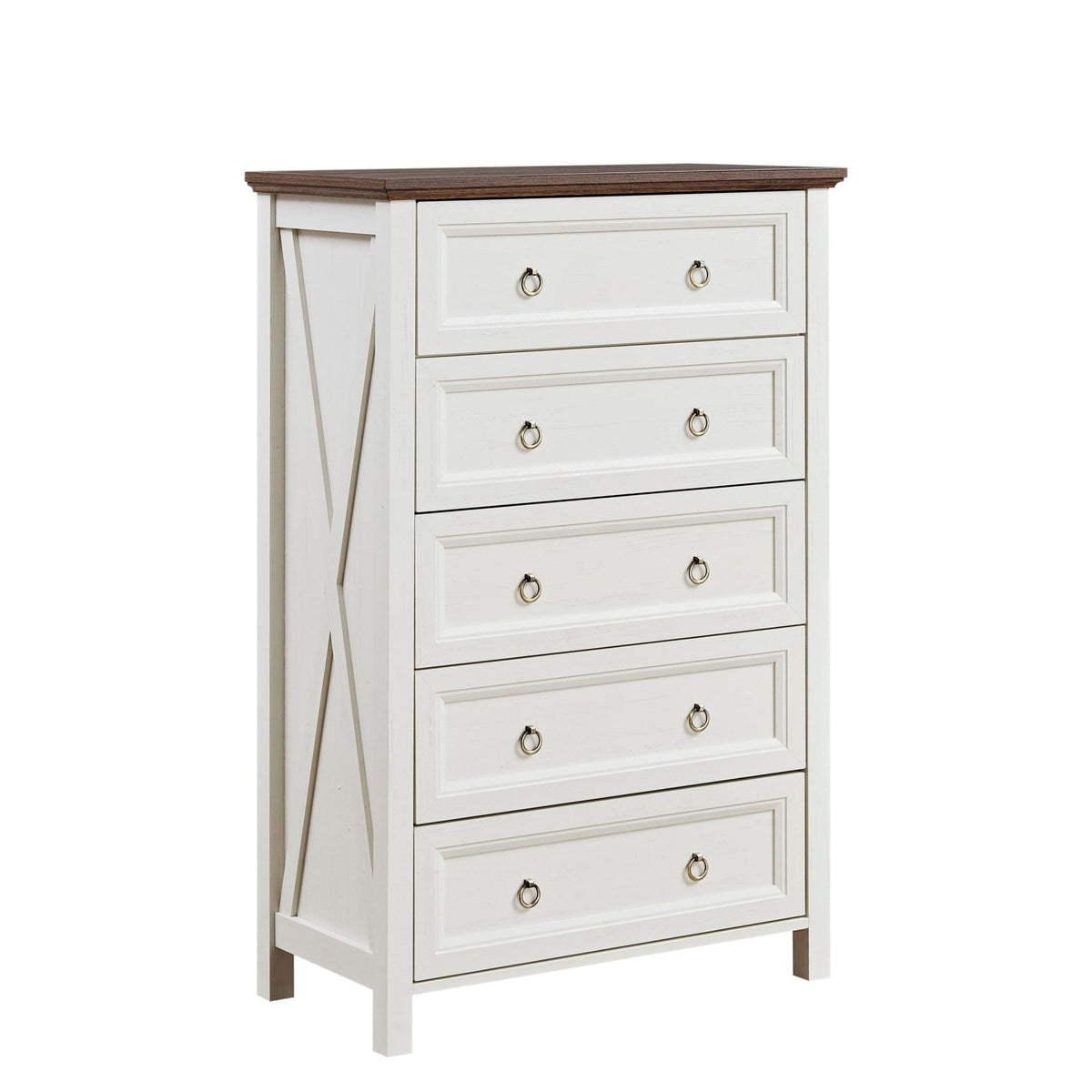 Farmhouse walnut 5-drawer dresser by Anthony & Home, showcasing rustic wood finish and elegant storage design.
