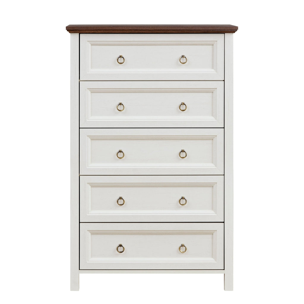 Anthony & Home farmhouse walnut dresser with five drawers, exclusive edition, natural wood finish and classic farmhouse style.