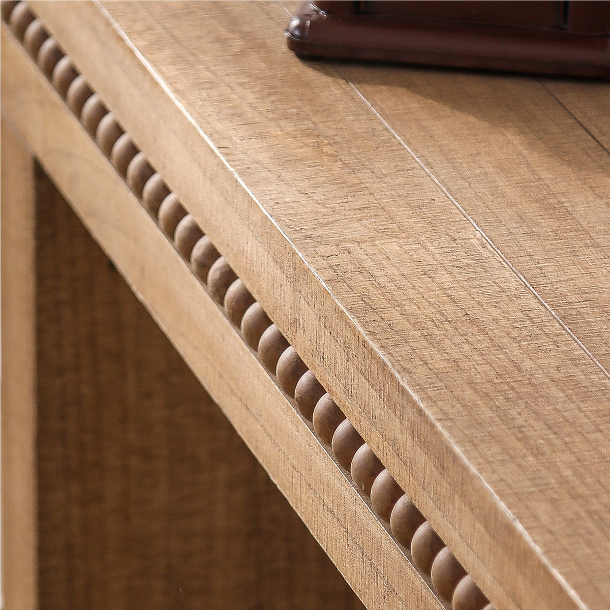Anthony & Home Fir wood console table with beaded accent, heritage style, showcasing a sleek, natural wood finish and decorative beaded details.