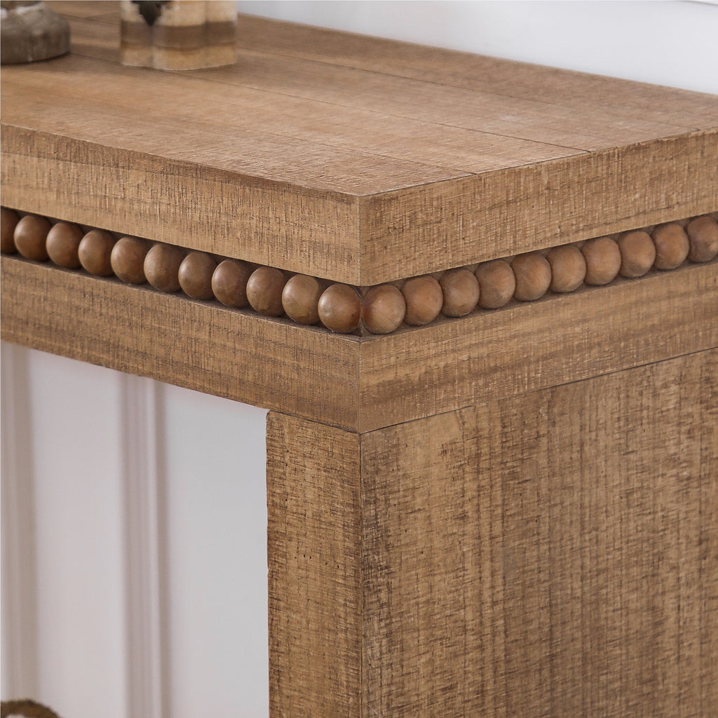 Anthony & Home Fir wood console table with beaded accents, showcasing a sleek, natural wood finish and elegant design.