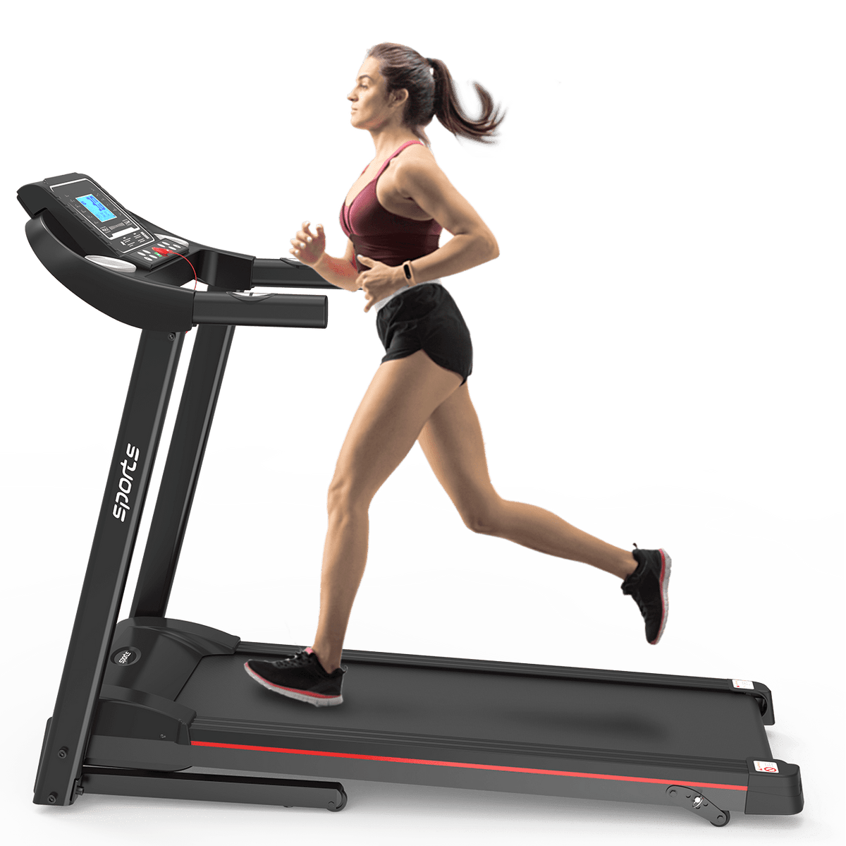 Anthony & Home Fitshow Elite Edition folding treadmill with hydraulic assist, quiet design, suitable for home gym use.